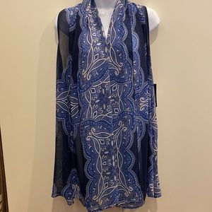 INC size 10 long blue sleeveless shawl with black, white, blue designs
